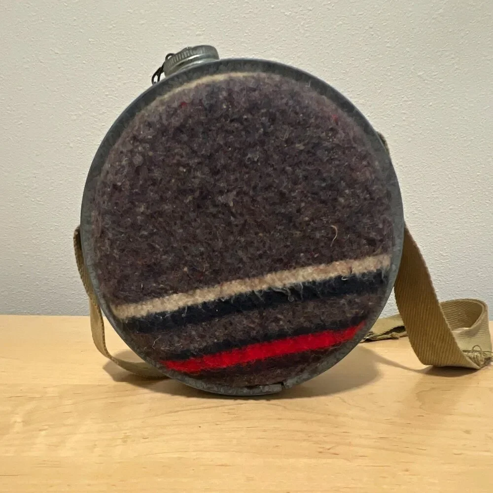 Vintage Metal Canteen w/ Wool Cover, Screw Cap on Chain & Strap